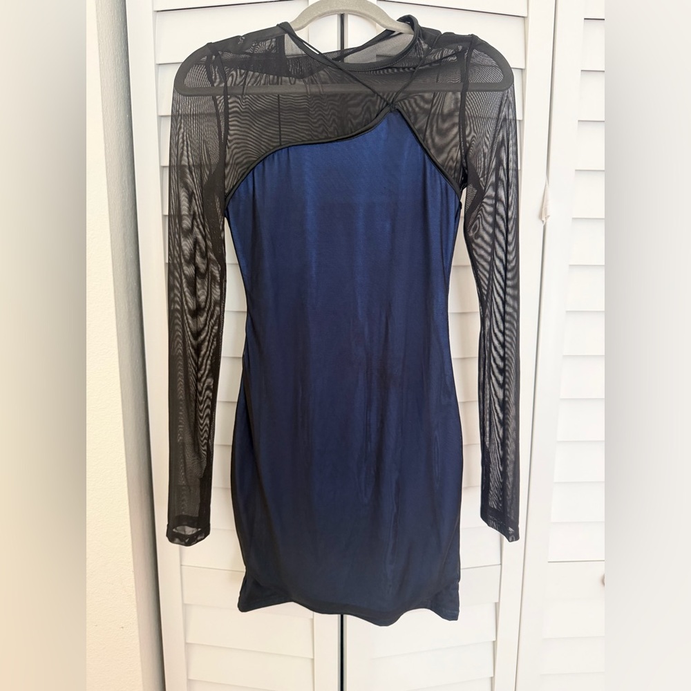 Sheer-Sleeve Navy Bodycon Dress